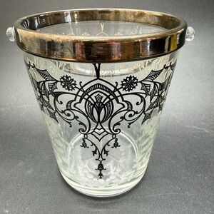 Antique Art Nouveau Silver Overlay Glass Ice Bucket Floral Etched Monogrammed